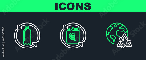 Set line Planet earth and a recycling, Recycling plastic bottle and Bio fuel canister icon. Vector