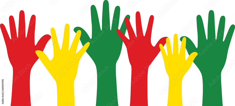 Silhouette of red, yellow and green colored hands as the colors of the Black History Month flag. Flat design illustration.