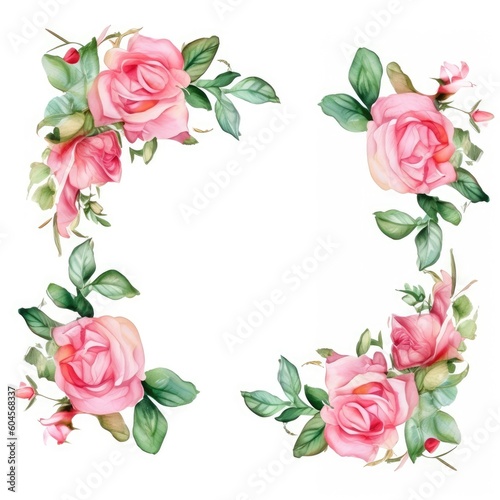 A wedding and greeting illustration with pink watercolor roses border. (Generative AI)