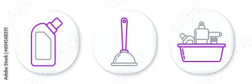 Set line Plastic bottles for liquid dishwashing liquid, and Toilet plunger icon. Vector