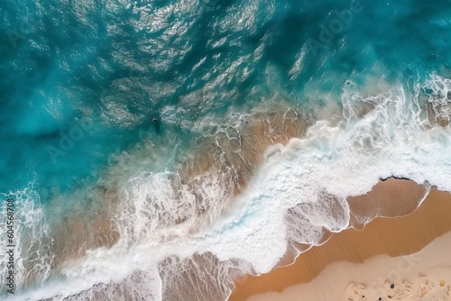 Ocean waves on the beach as a background. Beautiful natural summer vacation holidays background. Aerial top down view of beach and sea with blue water. Generative ai 4 
