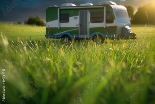Small family camper at a low angle view on morning green grass meadow. genarative ai