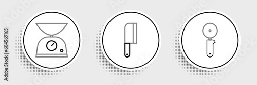 Set line Pizza knife, Scales and Meat chopper icon. Vector