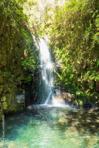 Aerial view of The 25 Fontes or 25 Springs in English. It's a group of waterfalls located in Rabacal, Paul da Serra on Madeira Island. Access is possible via the Levada das 25 Fontes
