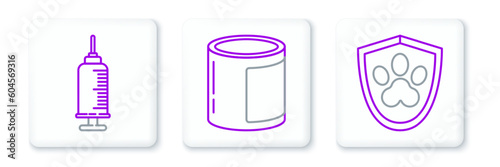 Set line Animal health insurance, Syringe with pet vaccine and Canned food icon. Vector