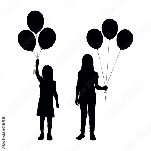Two girls holding balloons vector black silhouette.