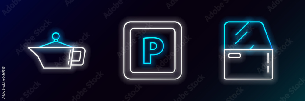 Set line Car door, Canister for motor machine oil and Parking icon. Glowing neon. Vector Set line Car door, Canister for motor machine oil and Parking icon. Glowing neon. Vector