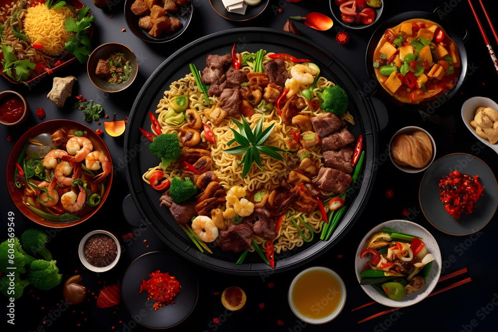 sumptuous spread of Chinese cuisine arranged in a visually appealing flatlay style