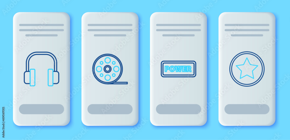 Set line Film reel, Power button, Headphones and Star icon. Vector Set line Film reel, Power button, Headphones and Star icon. Vector