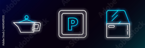 Set line Car door, Canister for motor machine oil and Parking icon. Glowing neon. Vector