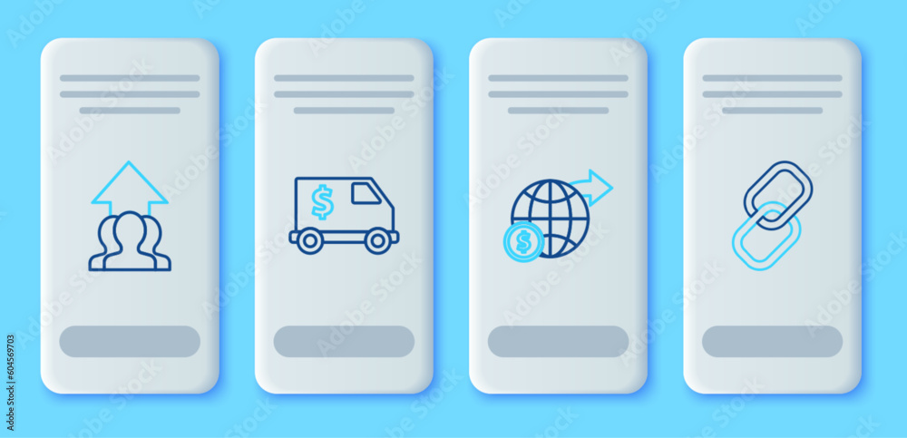 Set line Armored truck, Earth globe with dollar, Growth chart and progress in people crowd and Chain link icon. Vector