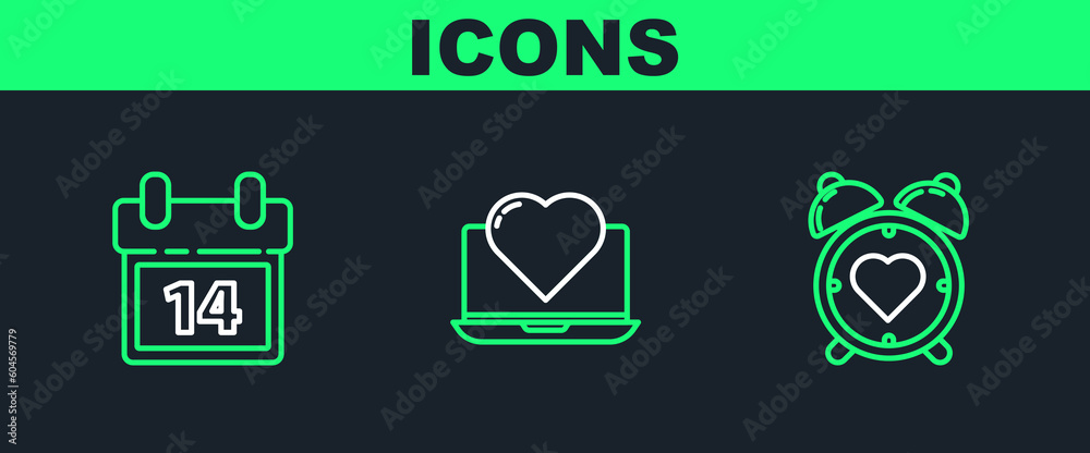 Set line Heart in the center alarm clock, Calendar with February 14 and Laptop heart icon. Vector Set line Heart in the center alarm clock, Calendar with February 14 and Laptop heart icon. Vector