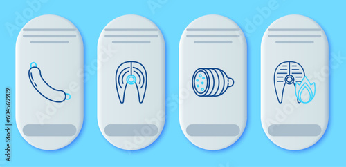 Set line Fish steak, Salami sausage, Sausage and Grilled fish and fire flame icon. Vector