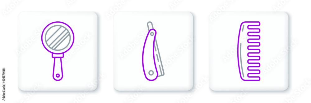Set line Hairbrush, Hand mirror and Straight razor icon. Vector Set line Hairbrush, Hand mirror and Straight razor icon. Vector