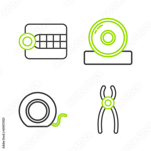 Set line Dental pliers, floss, Otolaryngological head reflector and Dentures model icon. Vector