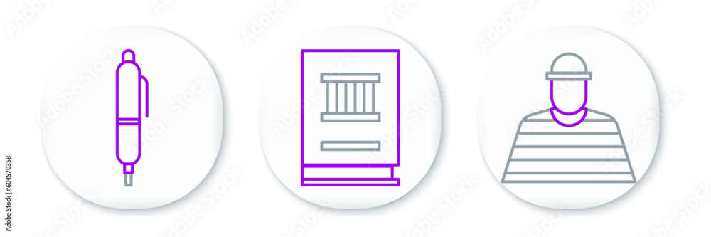 Set line Prisoner, Pen and Law book icon. Vector Set line Prisoner, Pen and Law book icon. Vector