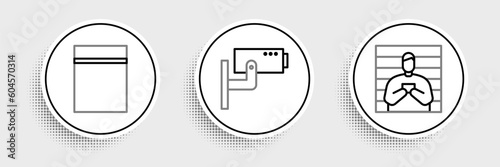 Set line Suspect criminal, Plastic bag with ziplock and Security camera icon. Vector