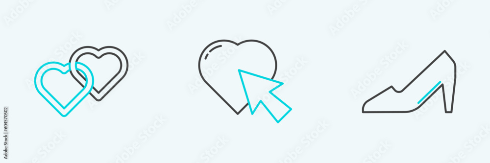 Set line Woman shoe, Two Linked Hearts and and cursor click icon. Vector