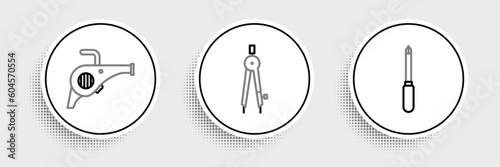 Set line Screwdriver, Leaf garden blower and Drawing compass icon. Vector