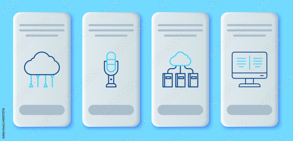 Set line Microphone, Cloud or online library, Network cloud connection and Online book monitor icon. Vector