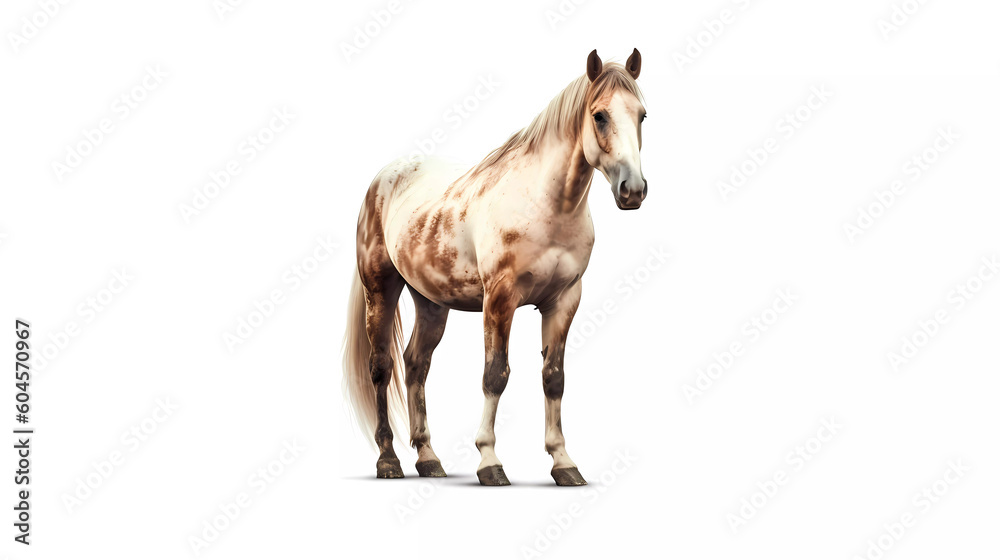 Behold the quiet majesty of a horse standing still, exuding a serene and powerful presence. Every muscle is poised with grace. White background.