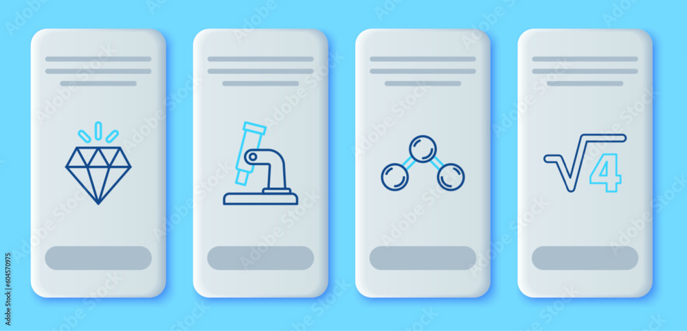 Set line Microscope, Molecule, Diamond and Square root of 4 glyph icon. Vector Set line Microscope, Molecule, Diamond and Square root of 4 glyph icon. Vector
