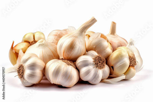 Heap of white garlic heads and cloves isolated on white background. Garlic clove closeup on white background. Generative AI