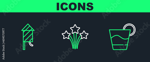 Set line Cocktail, Firework rocket and icon. Vector