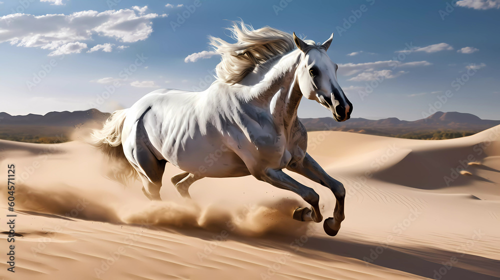Obraz premium Witness the mesmerizing spectacle of a horse galloping through a vast sand dune, leaving a trail of billowing golden sand in its wake.