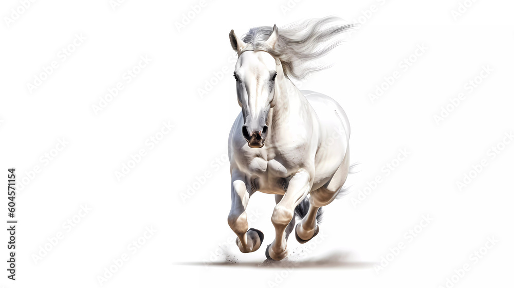 Witness the power and grace of a majestic white horse in motion as it gallops. White background. Witness the power and grace of a majestic white horse in motion as it gallops. White background.