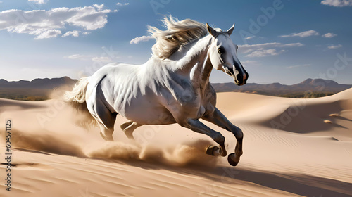 Witness the mesmerizing spectacle of a horse galloping through a vast sand dune  leaving a trail of billowing golden sand in its wake.