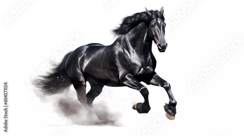 Witness the power and grace of a majestic black horse in motion as it gallops. White background. 