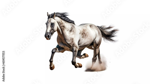 Witness the power and grace of a majestic white horse in motion as it gallops. White background. 