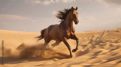 Witness the mesmerizing spectacle of a horse galloping through a vast sand dune, leaving a trail of billowing golden sand in its wake.