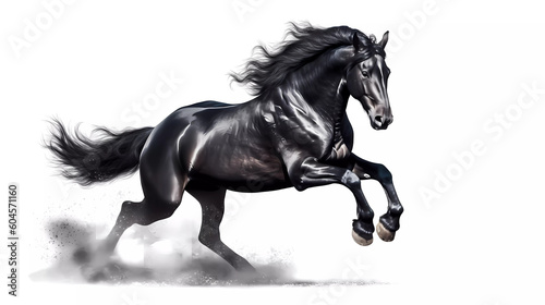 Witness the power and grace of a majestic black horse in motion as it gallops. White background. © ChoccoDomo