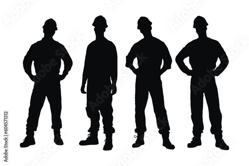 Male mechanic silhouette set vector on a white background. Male industrial workers wearing uniforms and standing in different positions. Anonymous mechanic men wearing safety helmets silhouette bundle