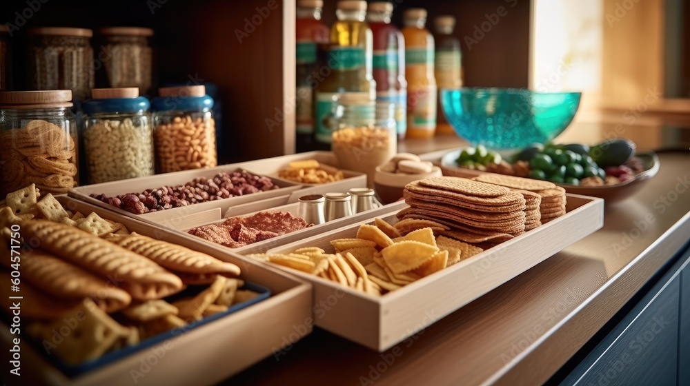 Snacks and crackers neatly stacked in pull-out pantry drawer. (Generative AI)