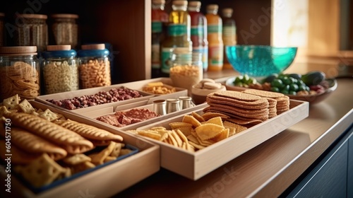 Snacks and crackers neatly stacked in pull-out pantry drawer.  Generative AI 