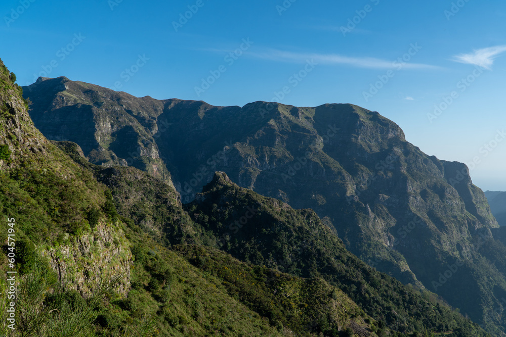 Mountain landscape. View of mountains on the route Queimadas Forestry Park - Caldeirao Verde. Madeira Island, Portugal, Europe.