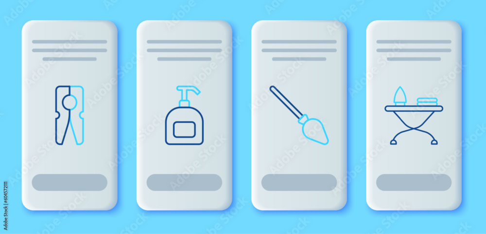 Set line Bottle of liquid soap, Handle broom, Clothes pin and Iron ironing board icon. Vector