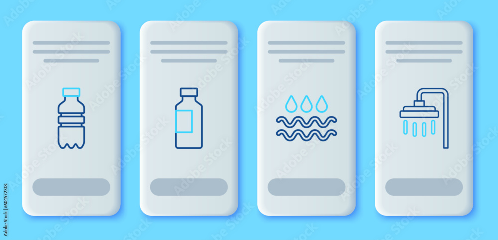 Set line Bottle of water, Wave with drop, and Shower icon. Vector