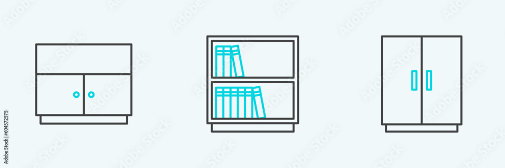 Set line Wardrobe, and Library bookshelf icon. Vector Set line Wardrobe, and Library bookshelf icon. Vector