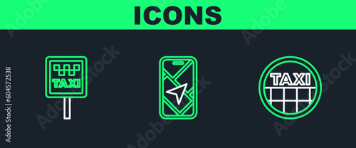 Set line Taxi car roof, Road sign for taxi stand and City map navigation icon. Vector
