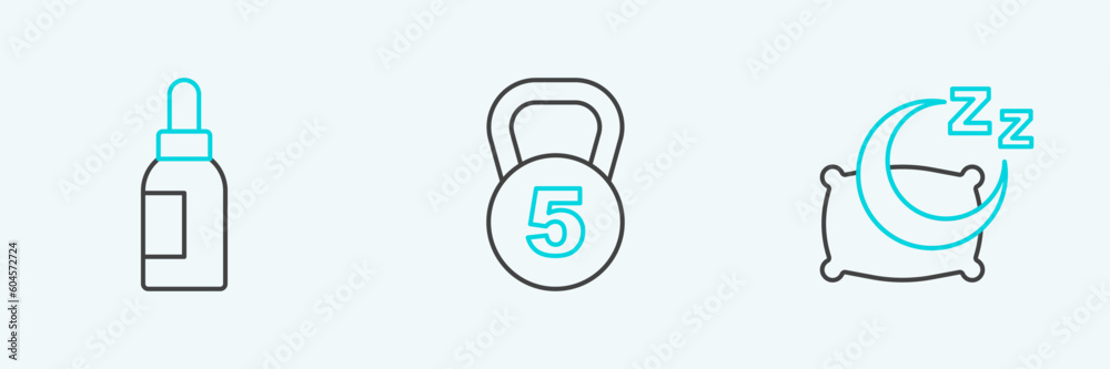 Set line Time to sleep, Essential oil bottle and Weight icon. Vector Set line Time to sleep, Essential oil bottle and Weight icon. Vector