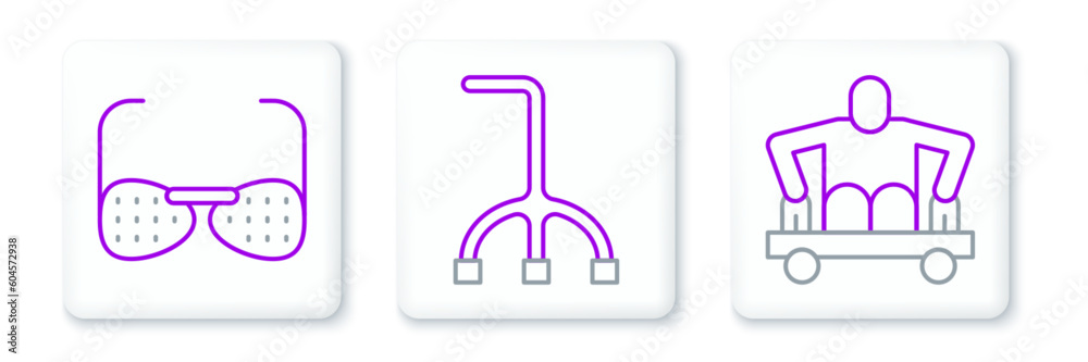 Set line Man without legs sitting wheelchair, Blind glasses and Walking stick cane icon. Vector