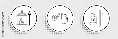 Set line IV bag, Elevator for disabled and Hearing aid icon. Vector