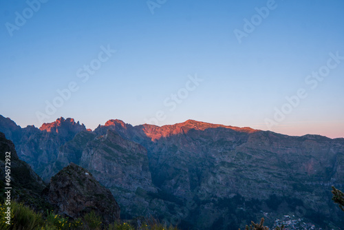 Mountain scenery at sunset of Madeira Parque Natural da Madeira at sunset. portugal