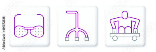 Set line Man without legs sitting wheelchair, Blind glasses and Walking stick cane icon. Vector