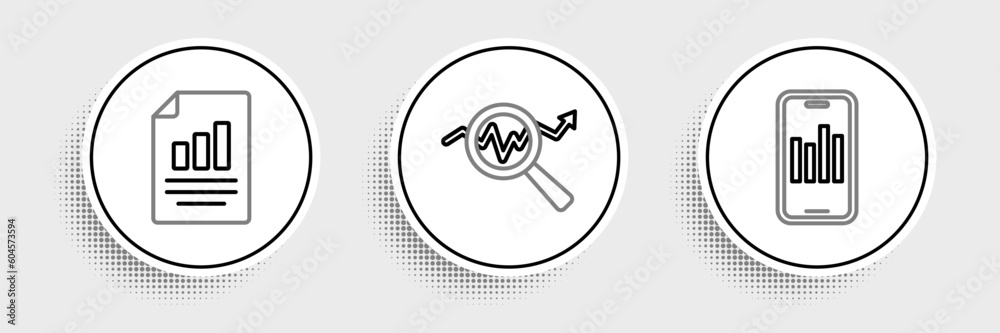 Set line Mobile with graph, Document chart and Search data analysis icon. Vector Set line Mobile with graph, Document chart and Search data analysis icon. Vector