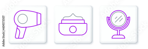 Set line Hand mirror, Hair dryer and Gel wax for hair styling icon. Vector